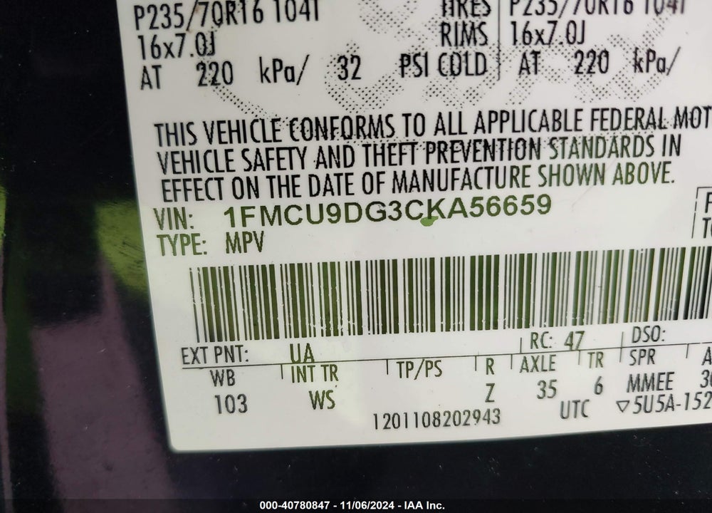 2012 FORD ESCAPE XLT VIN: 1FMCU9DG3CKA56659