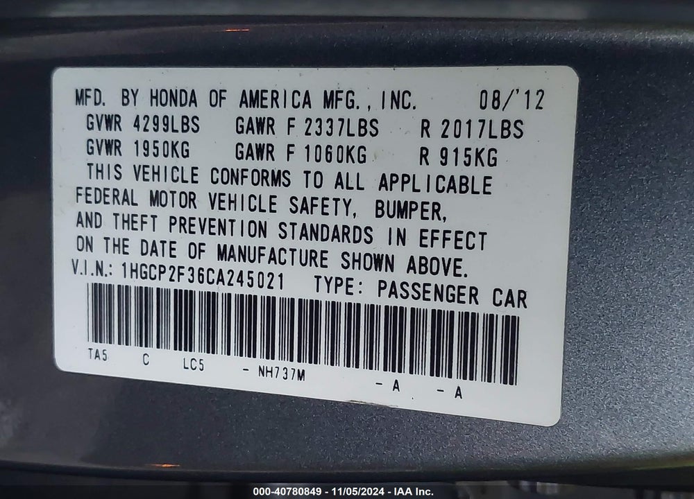 2012 HONDA ACCORD 2.4 LX VIN: 1HGCP2F36CA245021