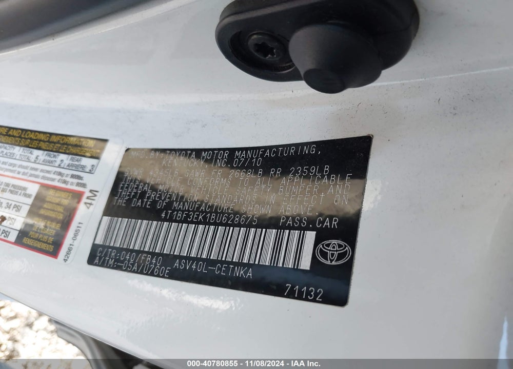 2011 TOYOTA CAMRY LE VIN: 4T1BF3EK1BU628675