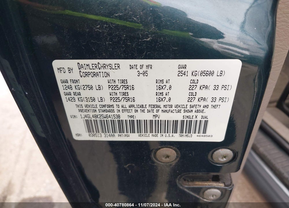 2005 JEEP LIBERTY SPORT VIN: 1J4GL48K25W641538