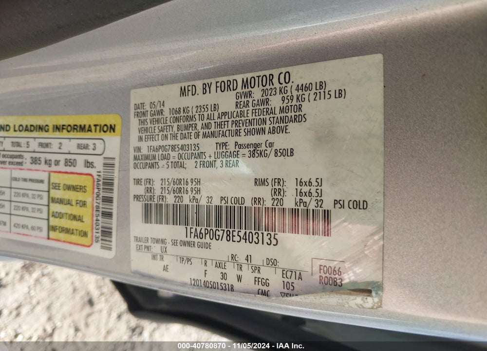 2014 FORD FUSION VIN: 1FA6P0G78E5403135