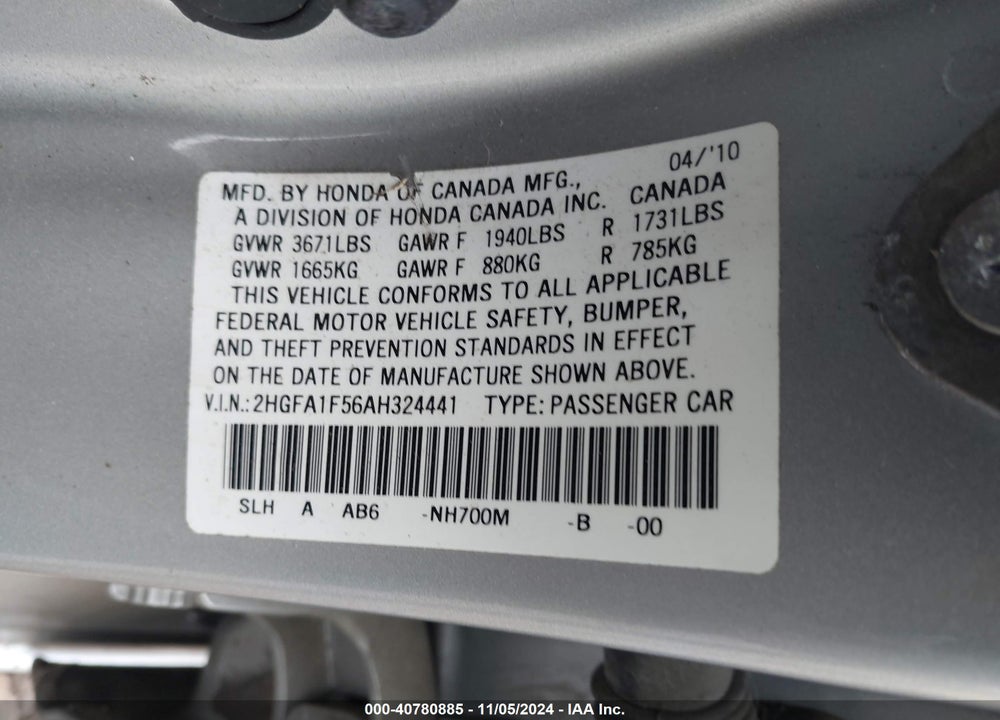 2010 HONDA CIVIC LX VIN: 2HGFA1F56AH324441