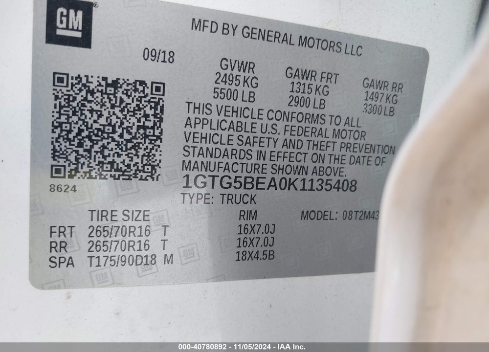 2019 GMC CANYON VIN: 1GTG5BEA0K1135408