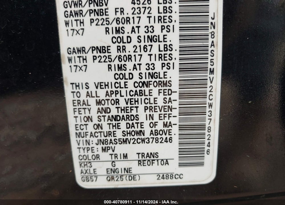 2012 NISSAN ROGUE SV VIN: JN8AS5MV2CW378246