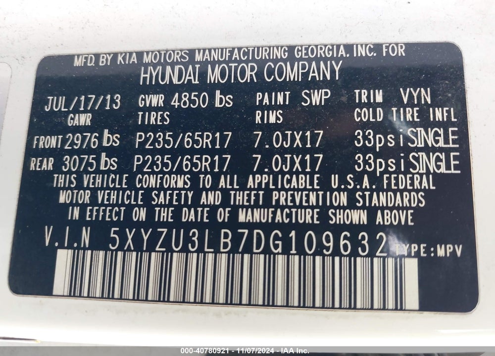 2013 HYUNDAI SANTA FE VIN: 5XYZU3LB7DG109632