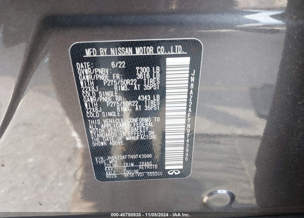 2022 INFINITI QX80 PREMIUM SELECT VIN: JN8AZ2AF7N9743996