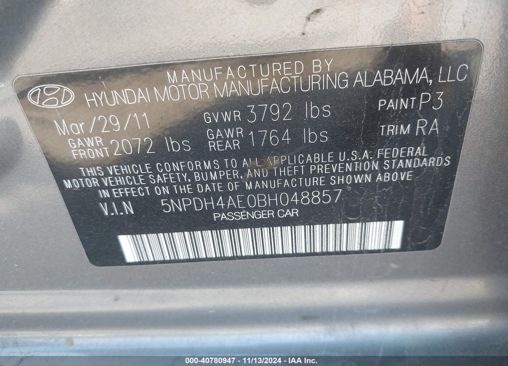 2011 HYUNDAI ELANTRA GLS VIN: 5NPDH4AE0BH048857
