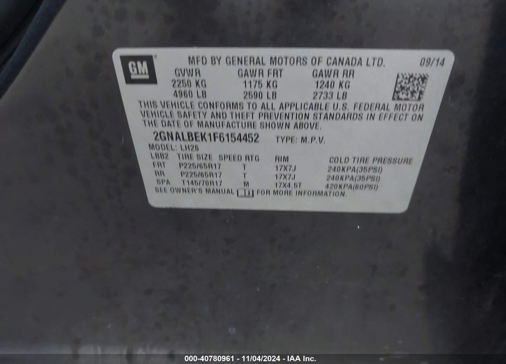 2015 CHEVROLET EQUINOX 1LT VIN: 2GNALBEK1F6154452