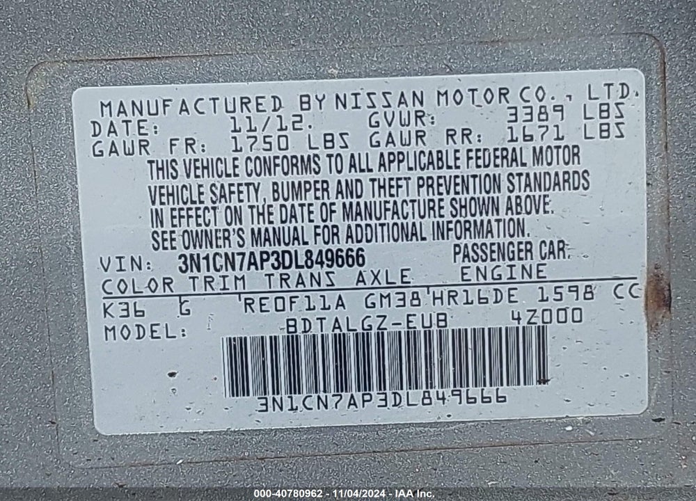 2013 NISSAN VERSA 1.6 SL VIN: 3N1CN7AP3DL849666
