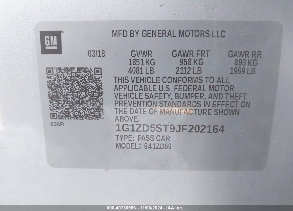 2018 CHEVROLET MALIBU LT VIN: 1G1ZD5ST9JF202164