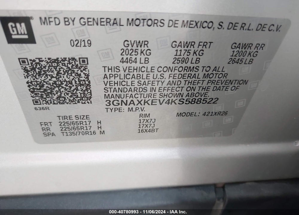 2019 CHEVROLET EQUINOX LT VIN: 3GNAXKEV4KS588522