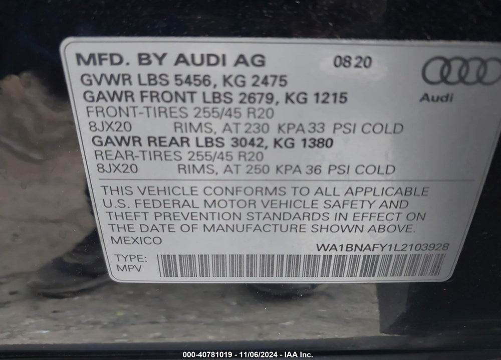 2020 AUDI Q5 PREMIUM PLUS 45 TFSI QUATTRO S TRONIC VIN: WA1BNAFY1L2103928