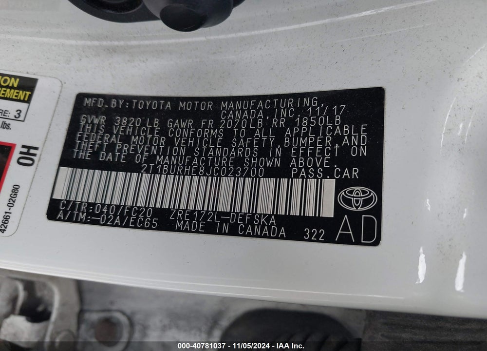 2018 TOYOTA COROLLA SE VIN: 2T1BURHE8JC023700