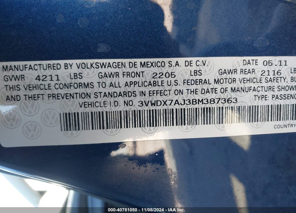 2011 VOLKSWAGEN JETTA 2.5L SE VIN: 3VWDX7AJ3BM387363