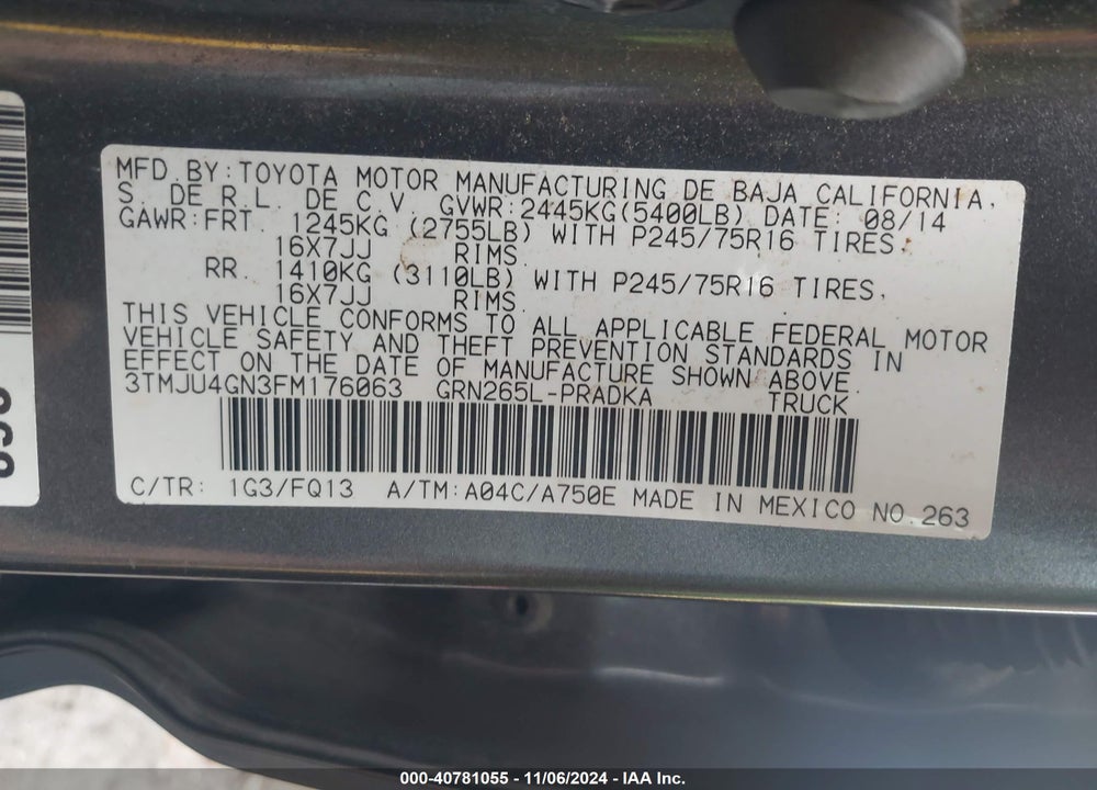 2015 TOYOTA TACOMA PRERUNNER V6 VIN: 3TMJU4GN3FM176063