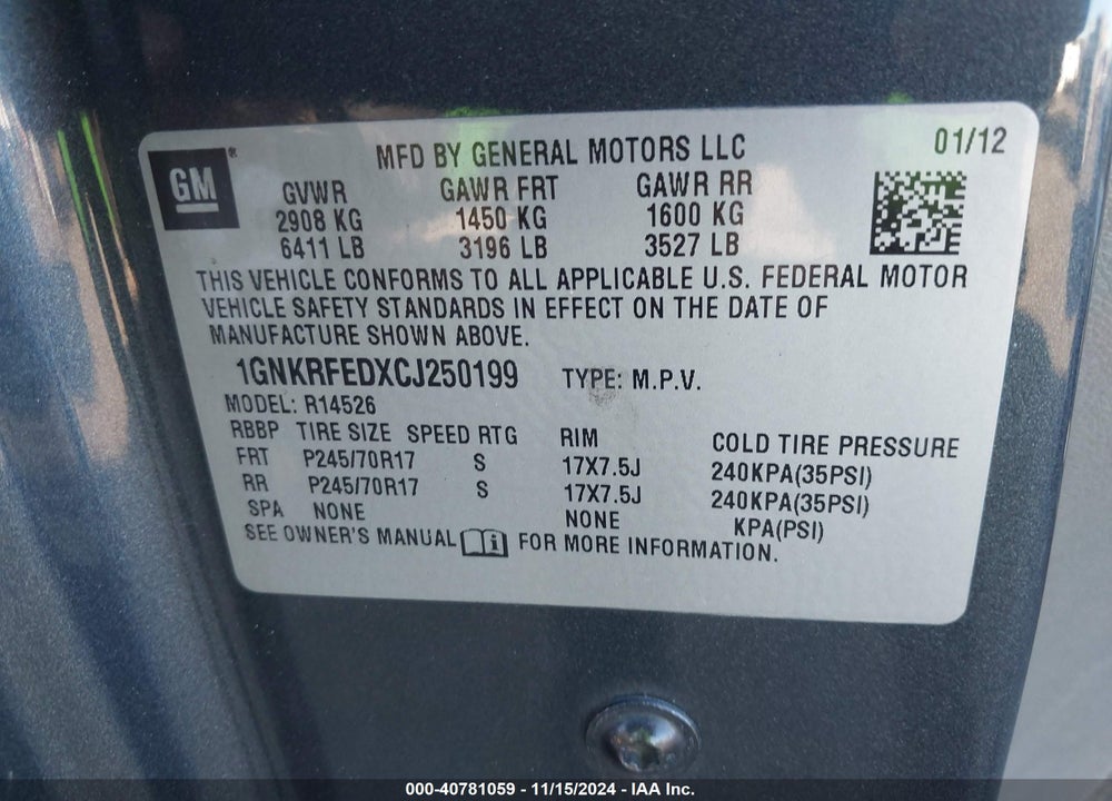 2012 CHEVROLET TRAVERSE LS VIN: 1GNKRFEDXCJ250199
