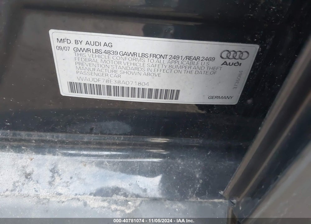 2008 AUDI A4 2.0T/2.0T SPECIAL EDITION VIN: WAUDF78E38A071804