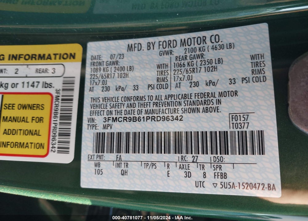 2023 FORD BRONCO SPORT BIG BEND VIN: 3FMCR9B61PRD96342
