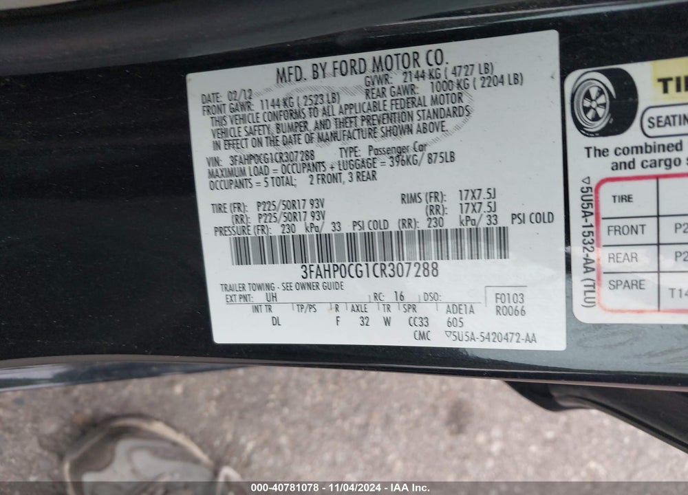2012 FORD FUSION SEL VIN: 3FAHP0CG1CR307288