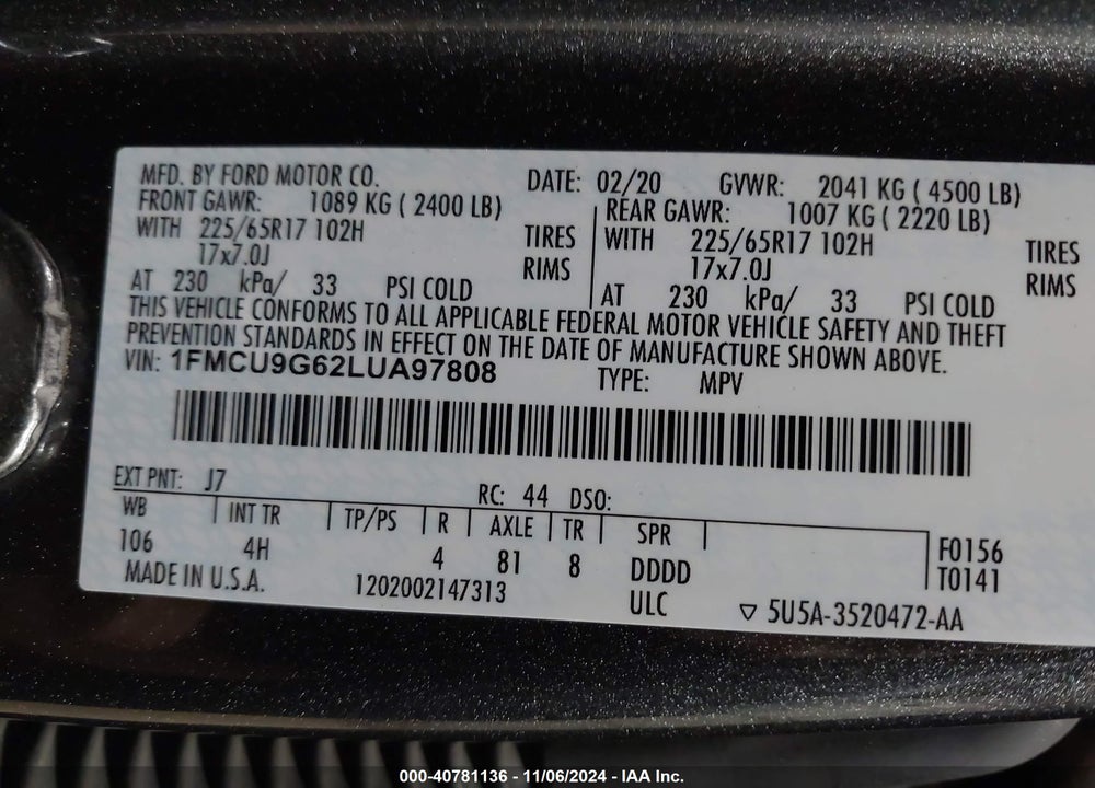 2020 FORD ESCAPE SE VIN: 1FMCU9G62LUA97808