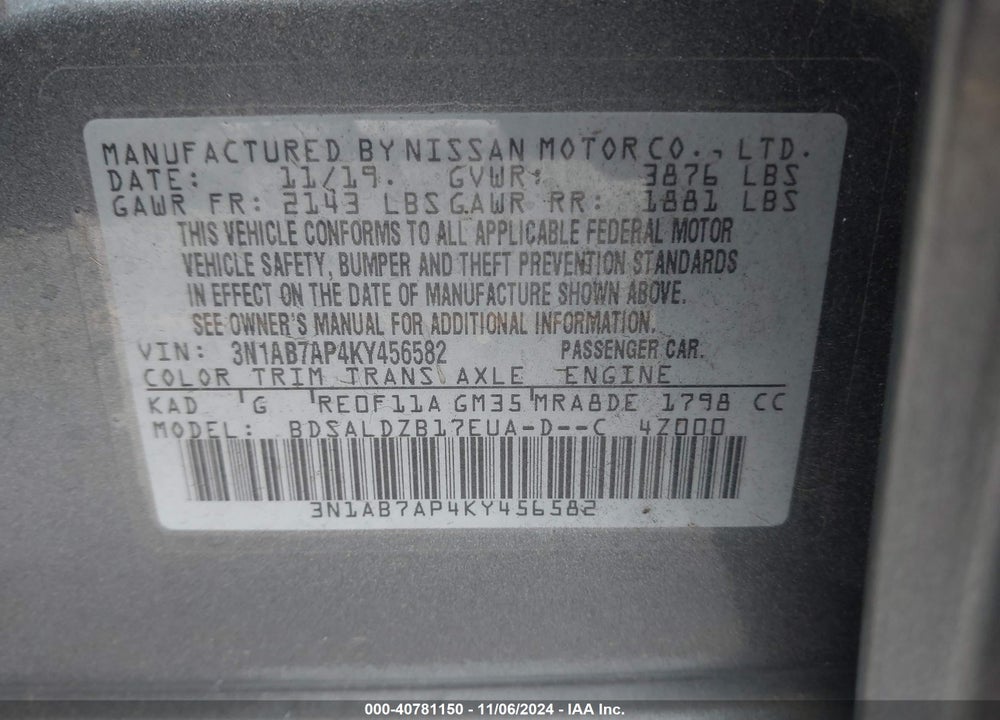 2019 NISSAN SENTRA SV VIN: 3N1AB7AP4KY456582