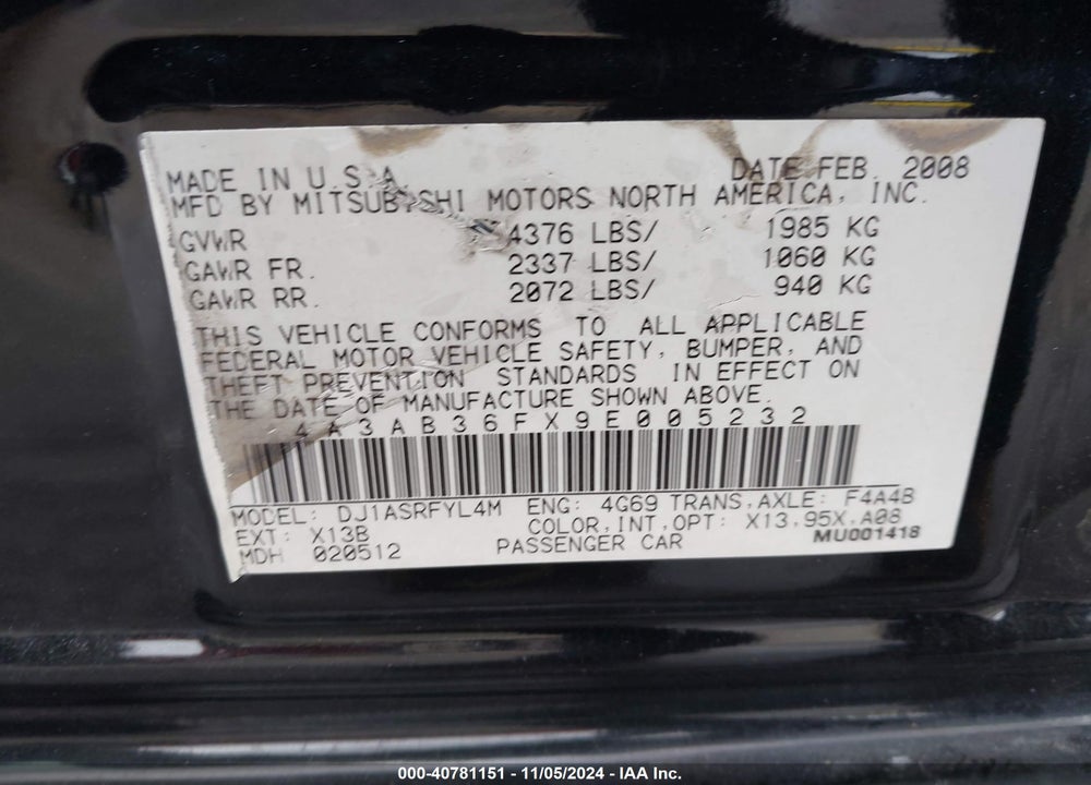 2009 MITSUBISHI GALANT ES/SPORT EDITION VIN: 4A3AB36FX9E005232