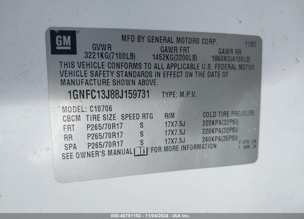 2008 CHEVROLET TAHOE LT VIN: 1GNFC13J88J159731
