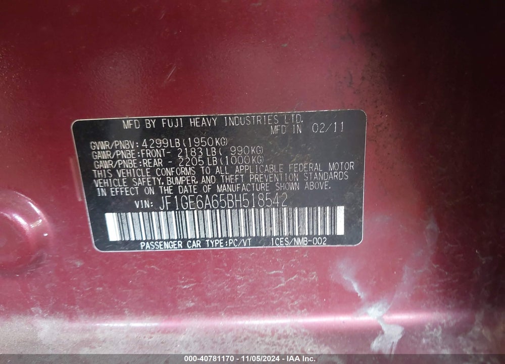 2011 SUBARU IMPREZA 2.5I VIN: JF1GE6A65BH518542