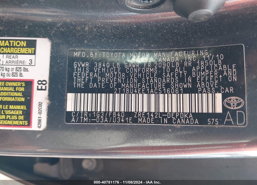 2010 TOYOTA COROLLA VIN: 2T1BU4EE1AC516061