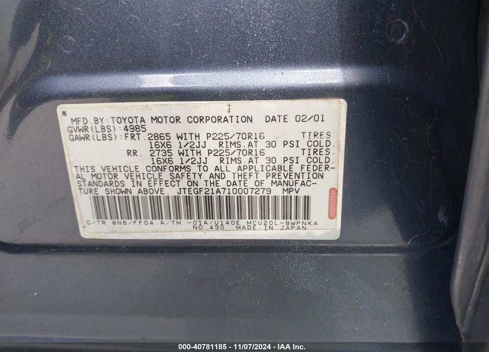 2001 TOYOTA HIGHLANDER V6 VIN: JTEGF21A710007279