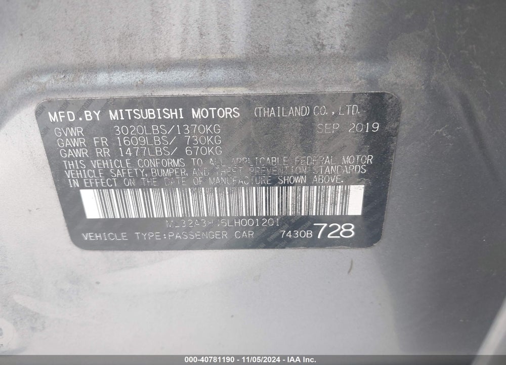 2020 MITSUBISHI MIRAGE VIN: ML32A3HJ6LH001201