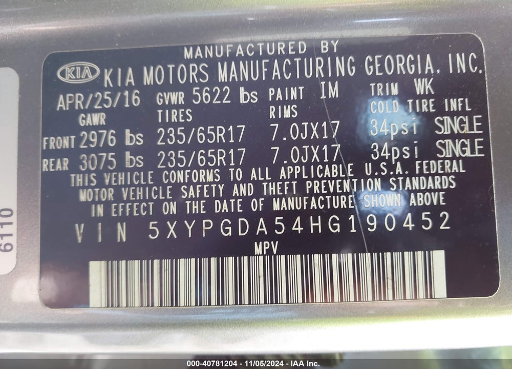 2017 KIA SORENTO LX V6 VIN: 5XYPGDA54HG190452
