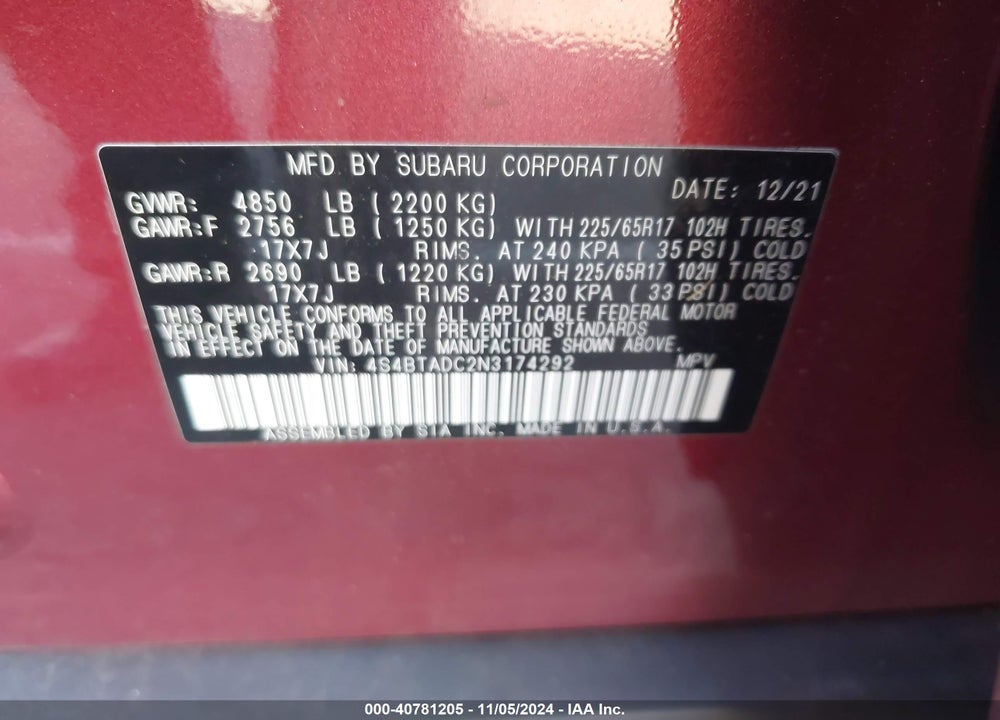 2022 SUBARU OUTBACK PREMIUM VIN: 4S4BTADC2N3174292