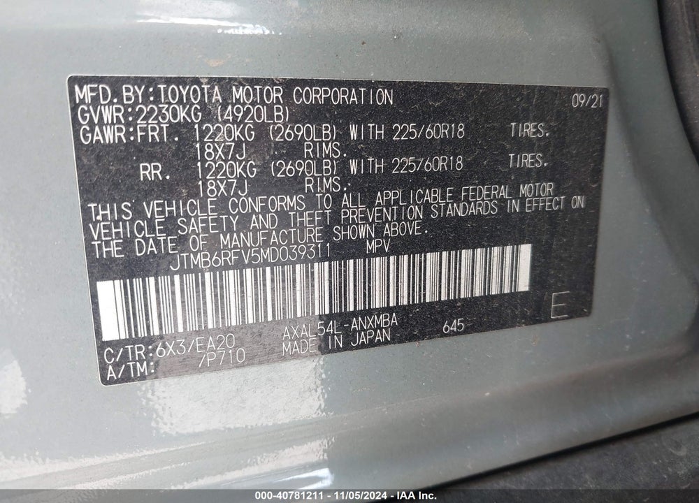 2021 TOYOTA RAV4 HYBRID XLE PREMIUM VIN: JTMB6RFV5MD039311