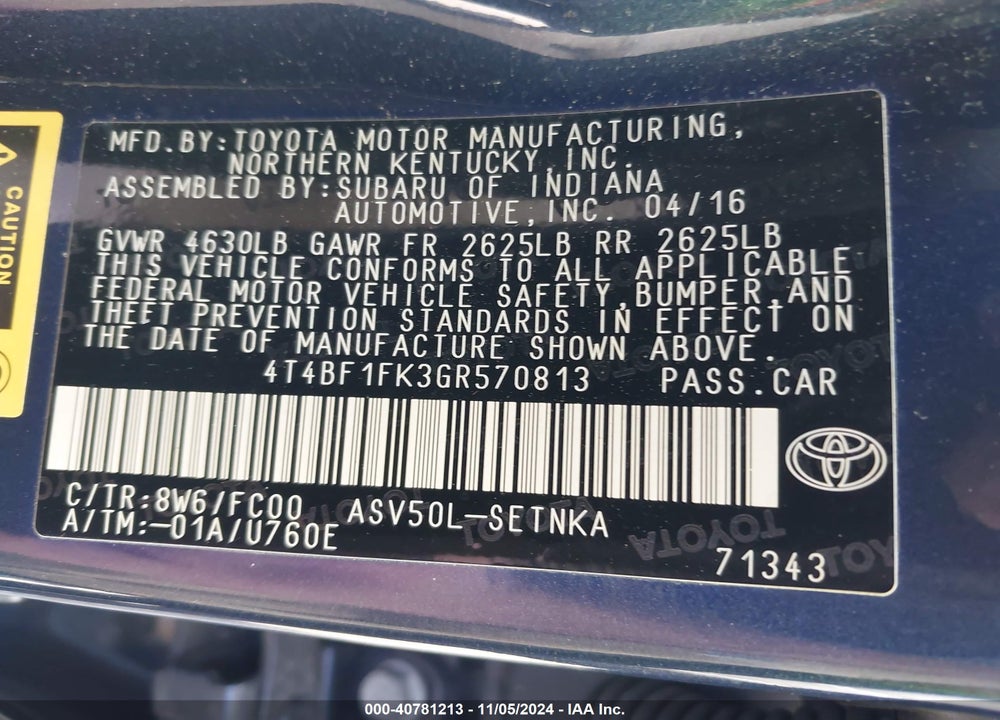 2016 TOYOTA CAMRY LE VIN: 4T4BF1FK3GR570813