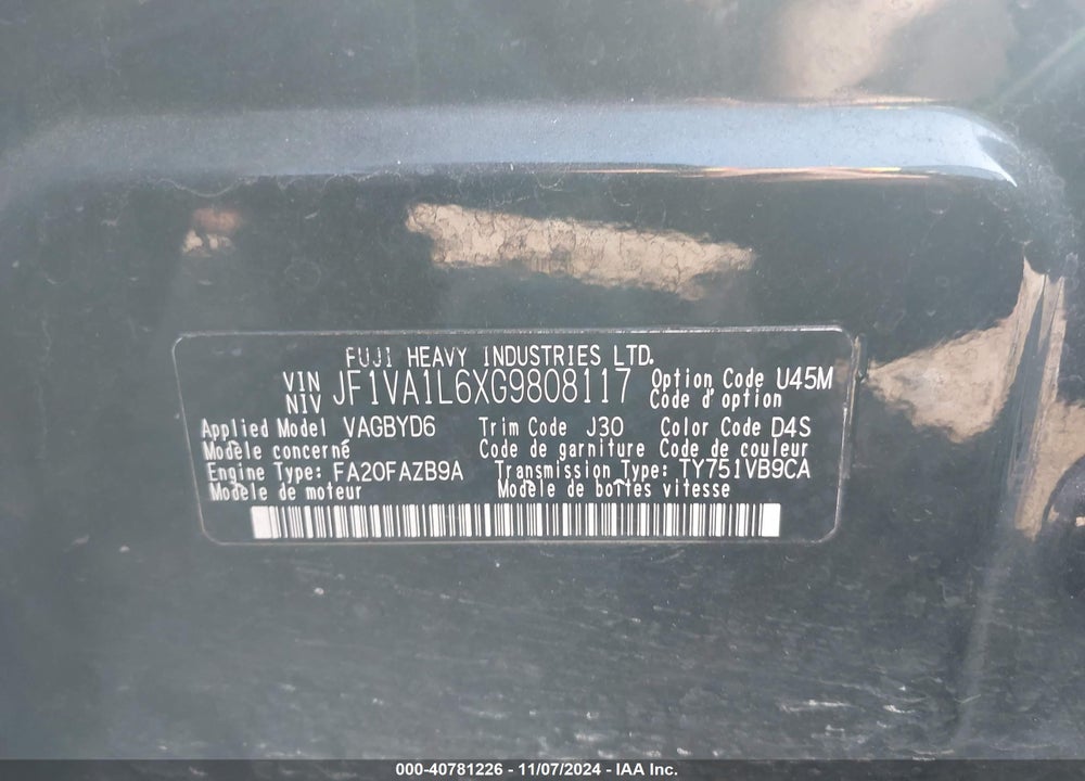 2016 SUBARU WRX LIMITED VIN: JF1VA1L6XG9808117