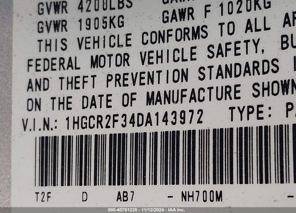 2013 HONDA ACCORD LX VIN: 1HGCR2F34DA143972