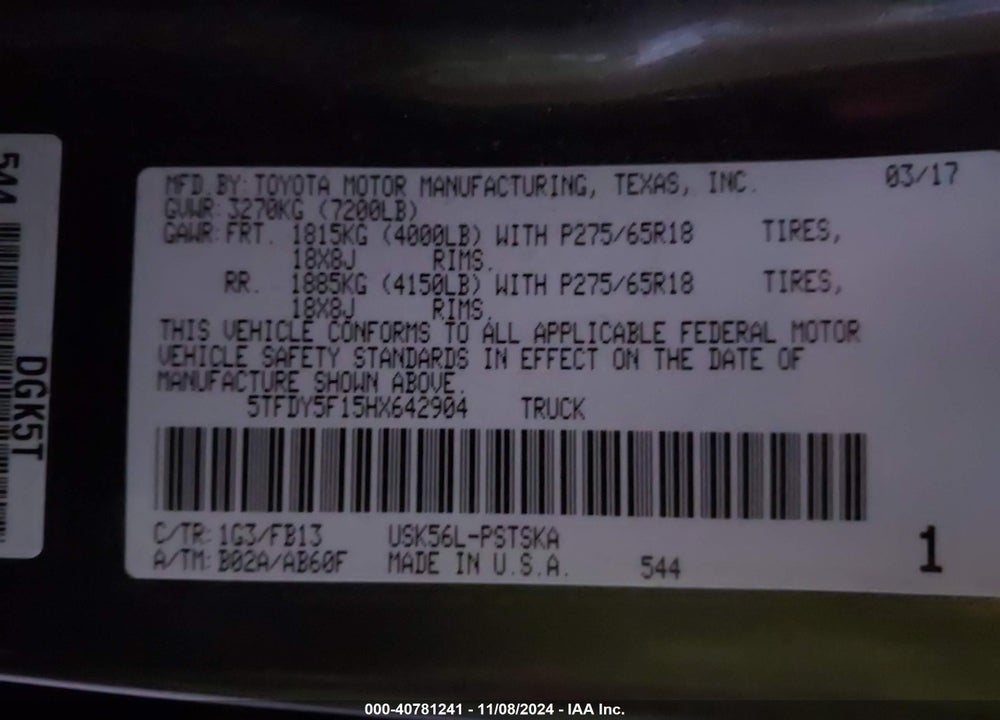 2017 TOYOTA TUNDRA SR5 5.7L V8 VIN: 5TFDY5F15HX642904