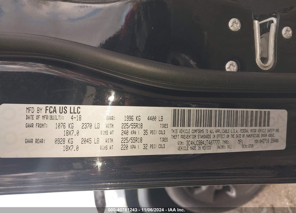 2018 JEEP COMPASS VIN: 3C4NJCBB4JT407777