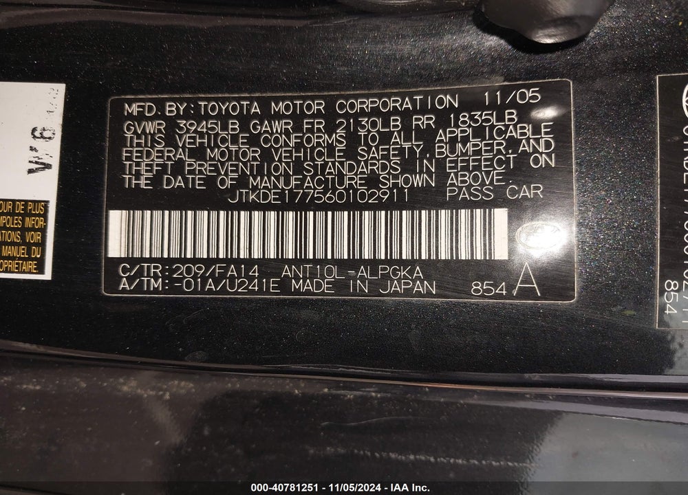 2006 SCION TC VIN: JTKDE177560102911