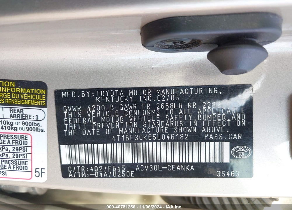 2005 TOYOTA CAMRY LE VIN: 4T1BE30K65U046182