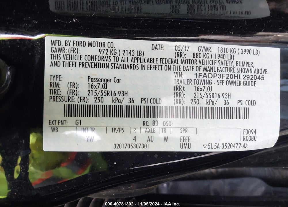 2017 FORD FOCUS SE VIN: 1FADP3F20HL292045