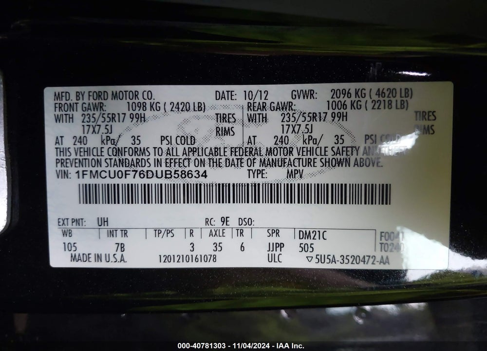 2013 FORD ESCAPE S VIN: 1FMCU0F76DUB58634