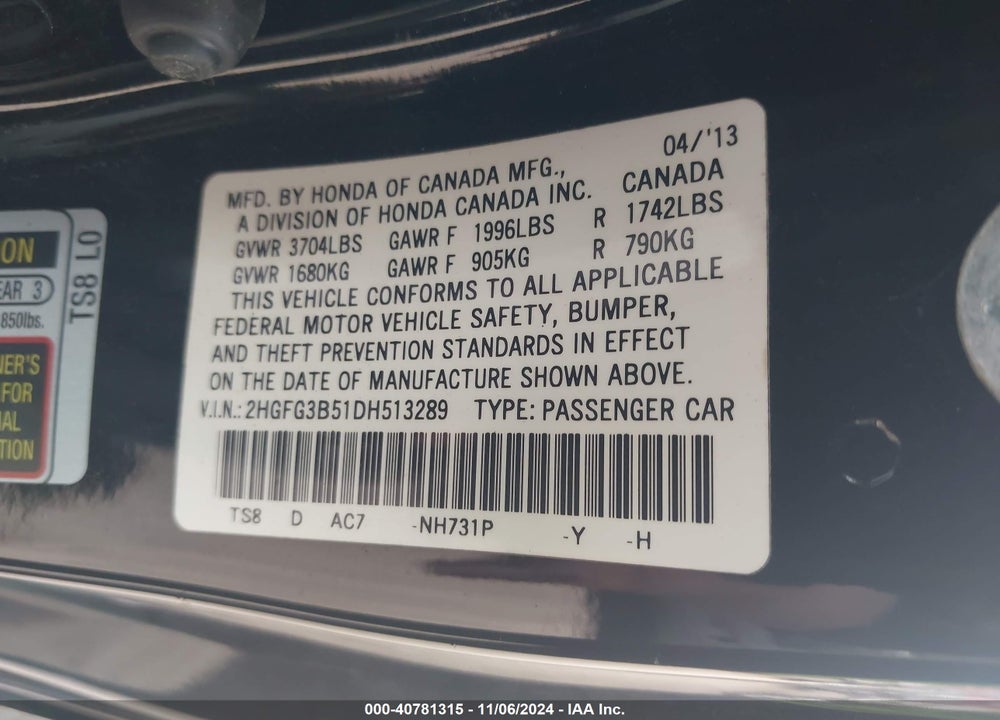 2013 HONDA CIVIC LX VIN: 2HGFG3B51DH513289