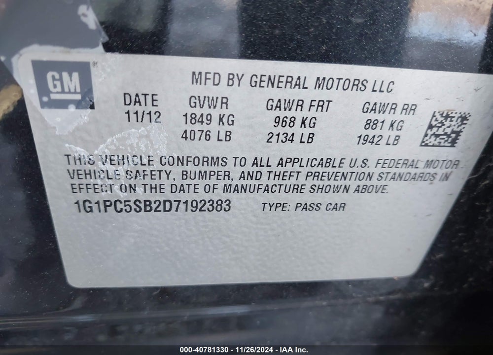 2013 CHEVROLET CRUZE 1LT AUTO VIN: 1G1PC5SB2D7192383
