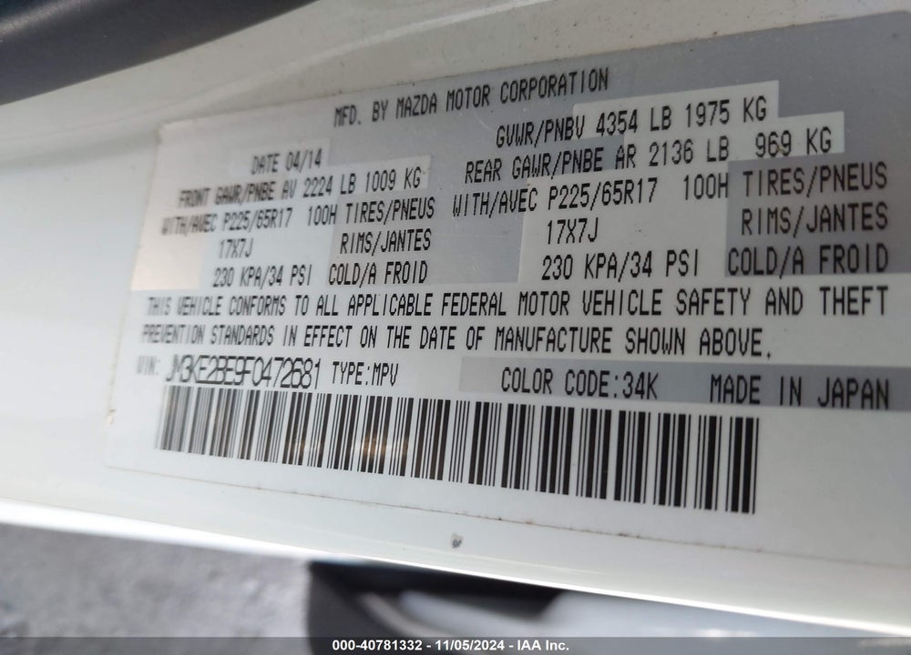 2015 MAZDA CX-5 SPORT VIN: JM3KE2BE9F0472681