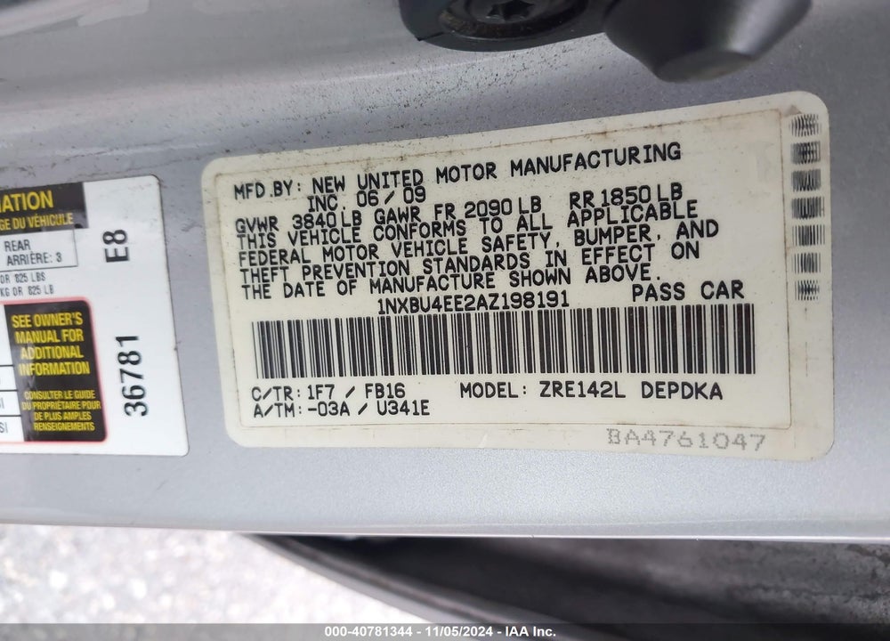 2010 TOYOTA COROLLA VIN: 1NXBU4EE2AZ198191