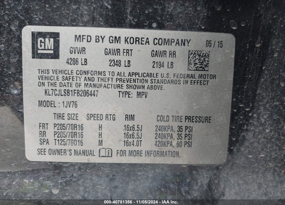 2015 CHEVROLET TRAX LT VIN: KL7CJLSB1FB206447