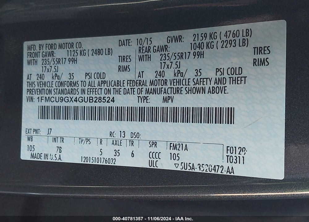 2016 FORD ESCAPE SE VIN: 1FMCU9GX4GUB28524