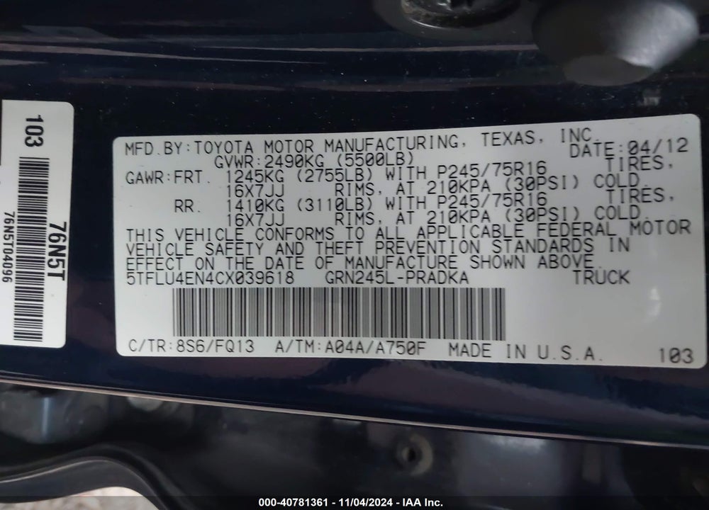 2012 TOYOTA TACOMA DOUBLE CAB VIN: 5TFLU4EN4CX039618
